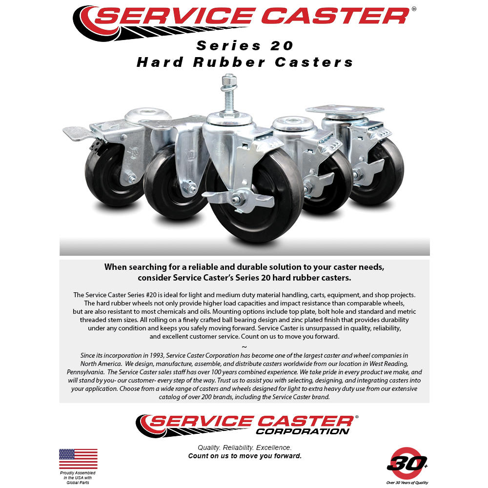 Service Caster 3 Inch Hard Rubber Swivel 1 Inch Expanding Stem Caster Set with Brake SCC
