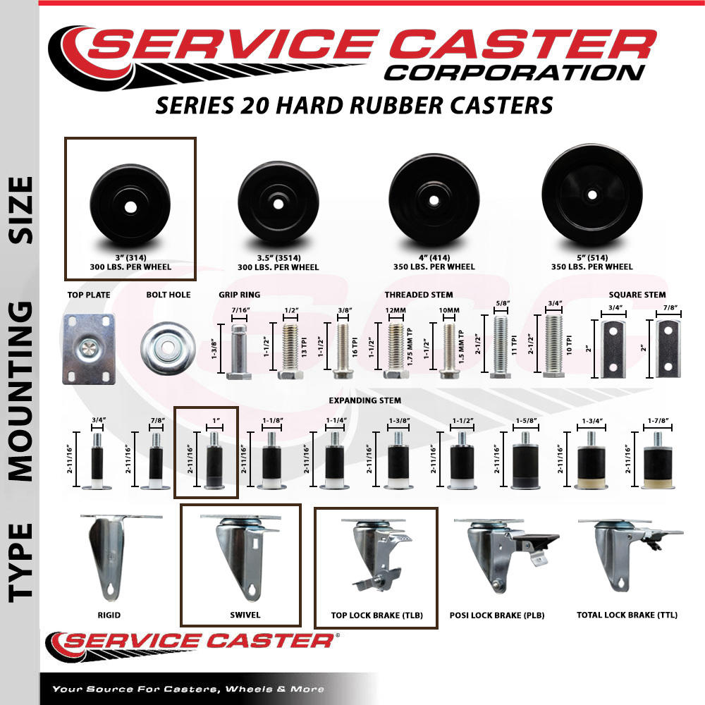 Service Caster 3 Inch Hard Rubber Swivel 1 Inch Expanding Stem Caster Set with Brake SCC