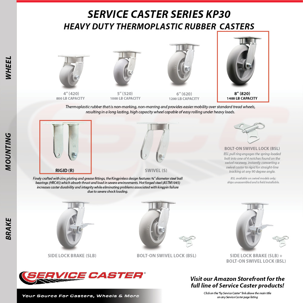 Service Caster 8 Inch SS Thermoplastic Rubber Caster Set with Roller Bearings 2 Brake 2 Rigid