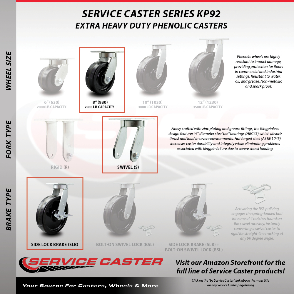 Service Caster 8 Inch Extra Heavy Duty Phenolic Wheel Swivel Caster Set with 2 Brakes Set of 4