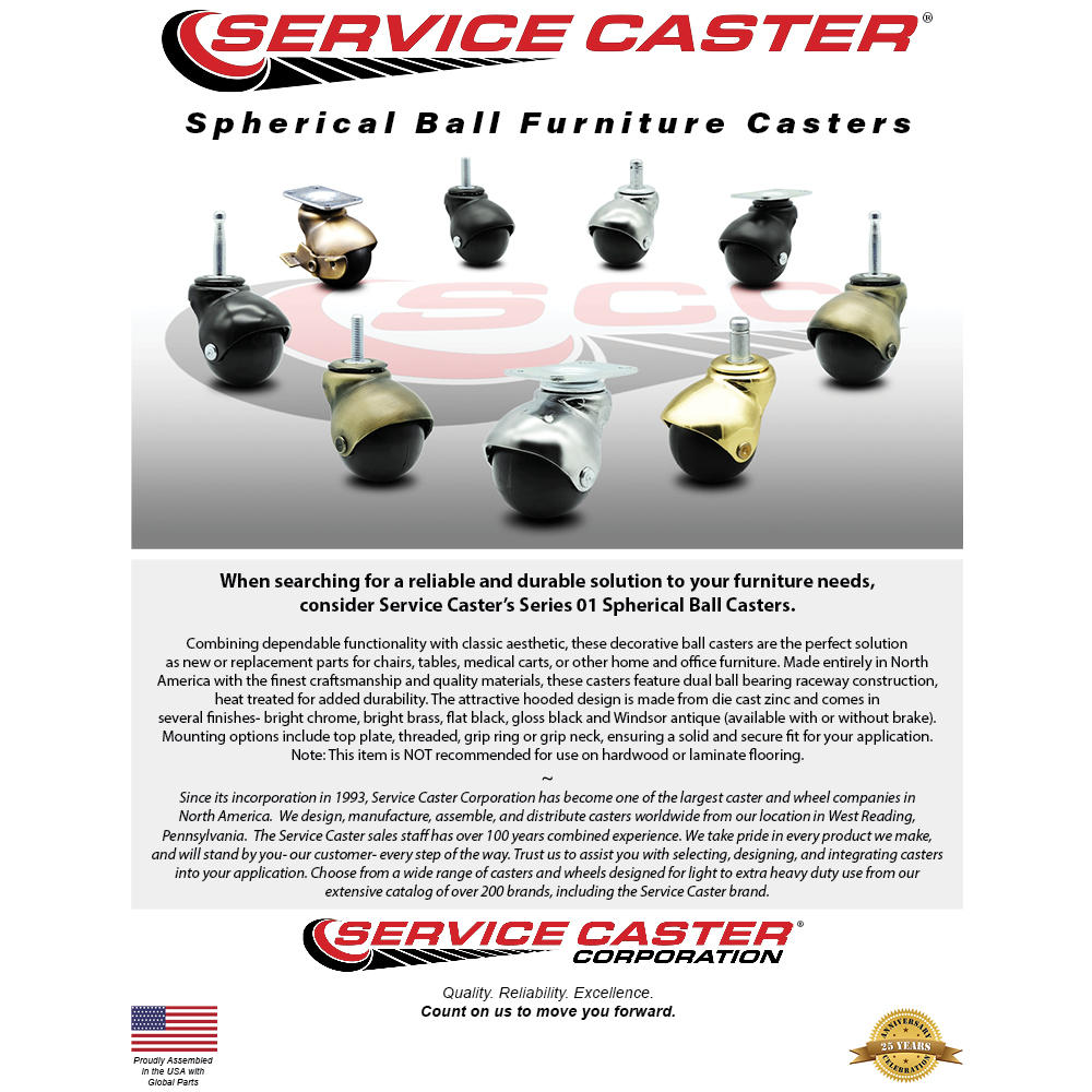 Service Caster 2 Inch Antique Brass Hooded 3/8 Inch Threaded Stem Ball Casters with Brake Set 5