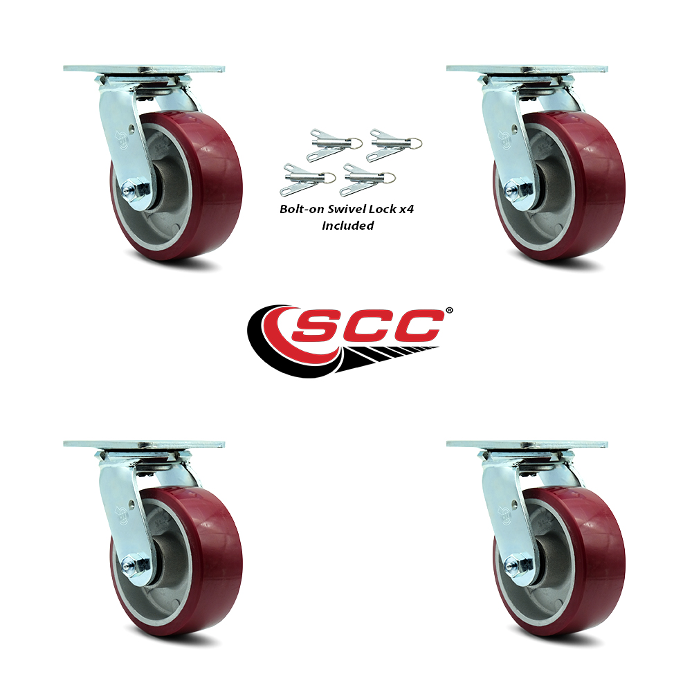 Service Caster 5 Inch Poly on Aluminum Swivel Caster Set with Ball Bearing and Swivel Lock SCC
