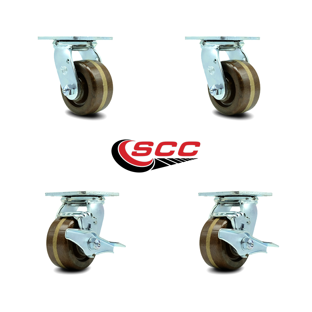 Service Caster 4 Inch High Temp Phenolic Swivel Caster Set with Roller Bearings 2 Brakes SCC
