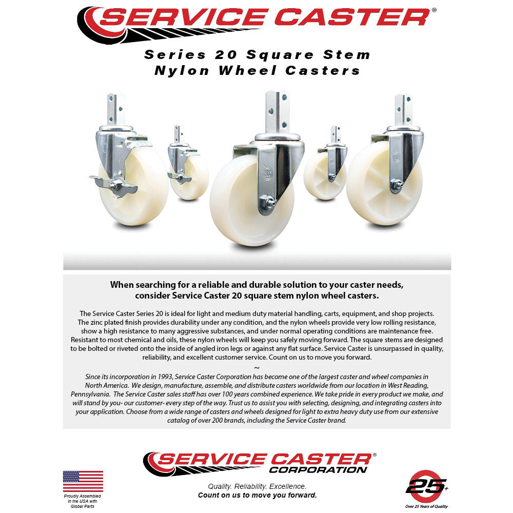 Service Caster 3 Inch Nylon Wheel Swivel 7/8 Inch Square Stem Caster Set 2 Brakes SCC