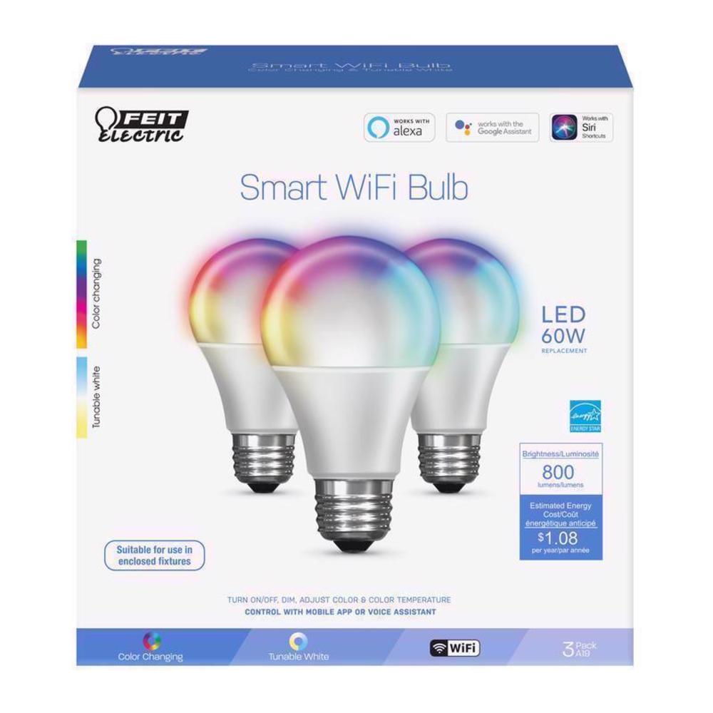 Feit Electric Feit Smart Home A19 E26 (Medium) Smart-Enabled LED Bulb Color Changing 60 Watt Equivalence 3 pk