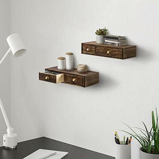 Y Me Ym Floating Shelf W Drawer Wall Mounted Set Of 2 Rustic Wood Wall Floating Shelves