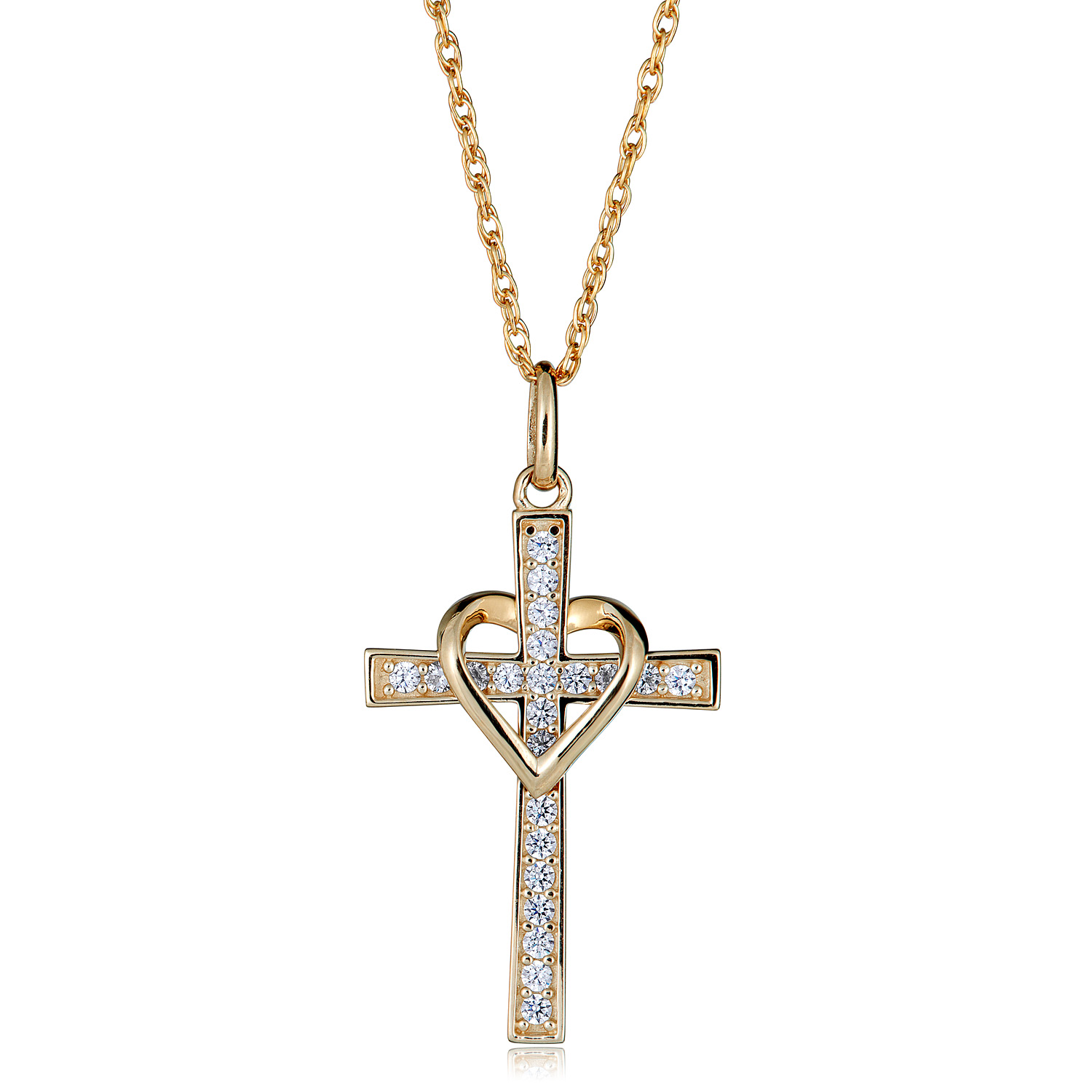 AVORA 10K Yellow Gold Simulated Diamond CZ Heart and Cross Pendant Necklace with 18" Chain