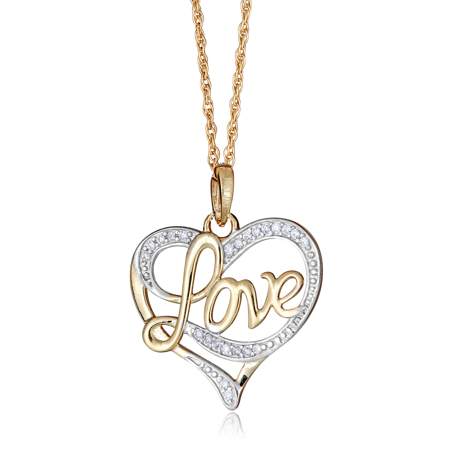 Avora 10K Gold Two-Tone Simulated Diamond CZ "Love" Open Heart Pendant Necklace with 18" Chain