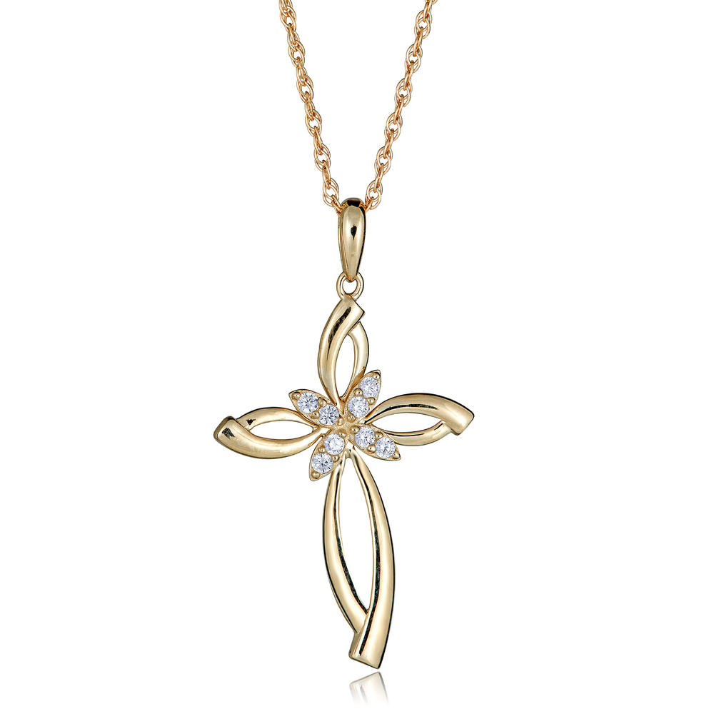 AVORA 10K Yellow Gold Simulated Diamond CZ Open Cross and Flower Pendant Necklace with 18" Chain