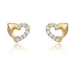 AVORA 10K Yellow Gold Heart With Dolphin Simulated Diamond CZ Stud Earrings