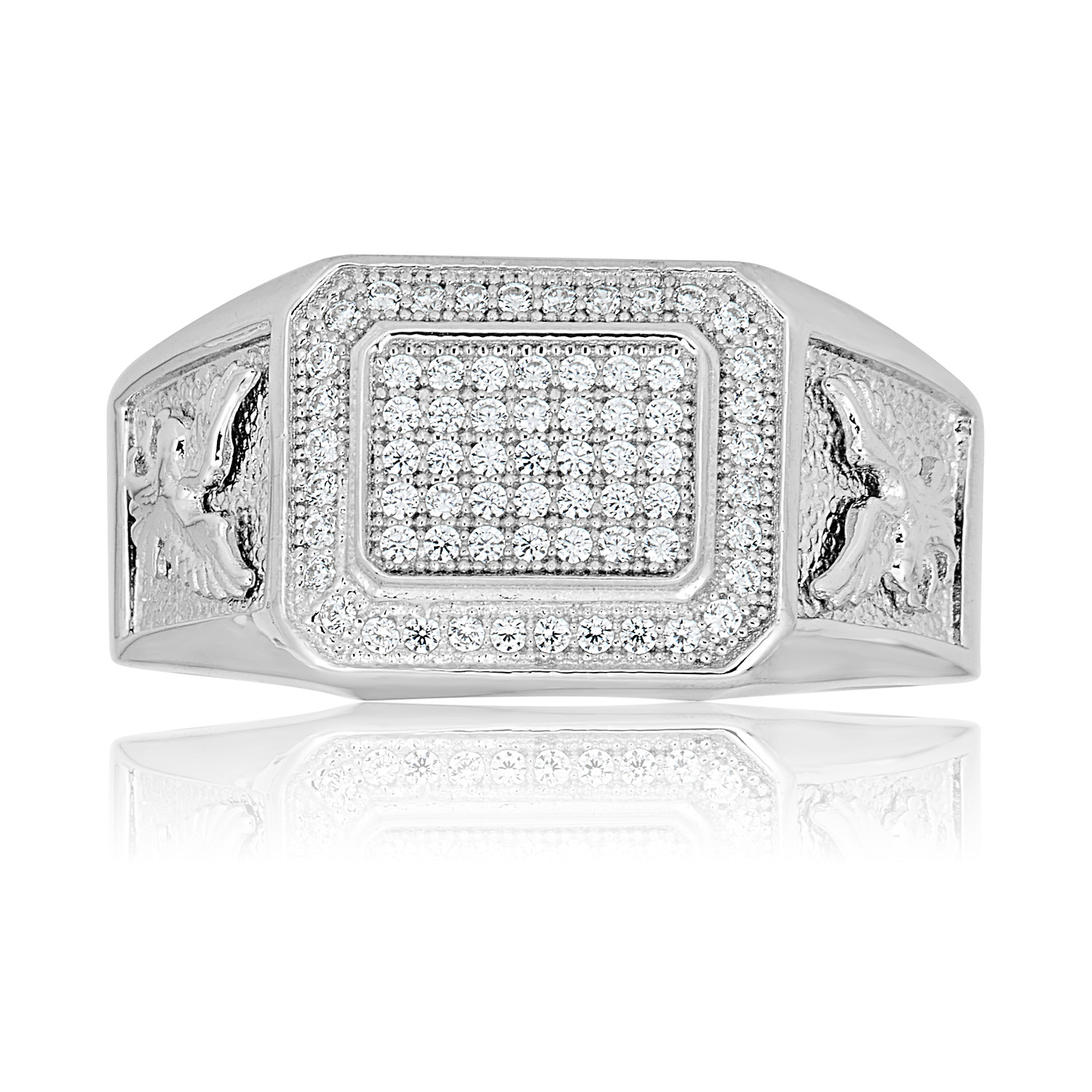 AVORA 925 Sterling Silver Simulated Diamond CZ American Eagle Men's Signet Fashion Ring