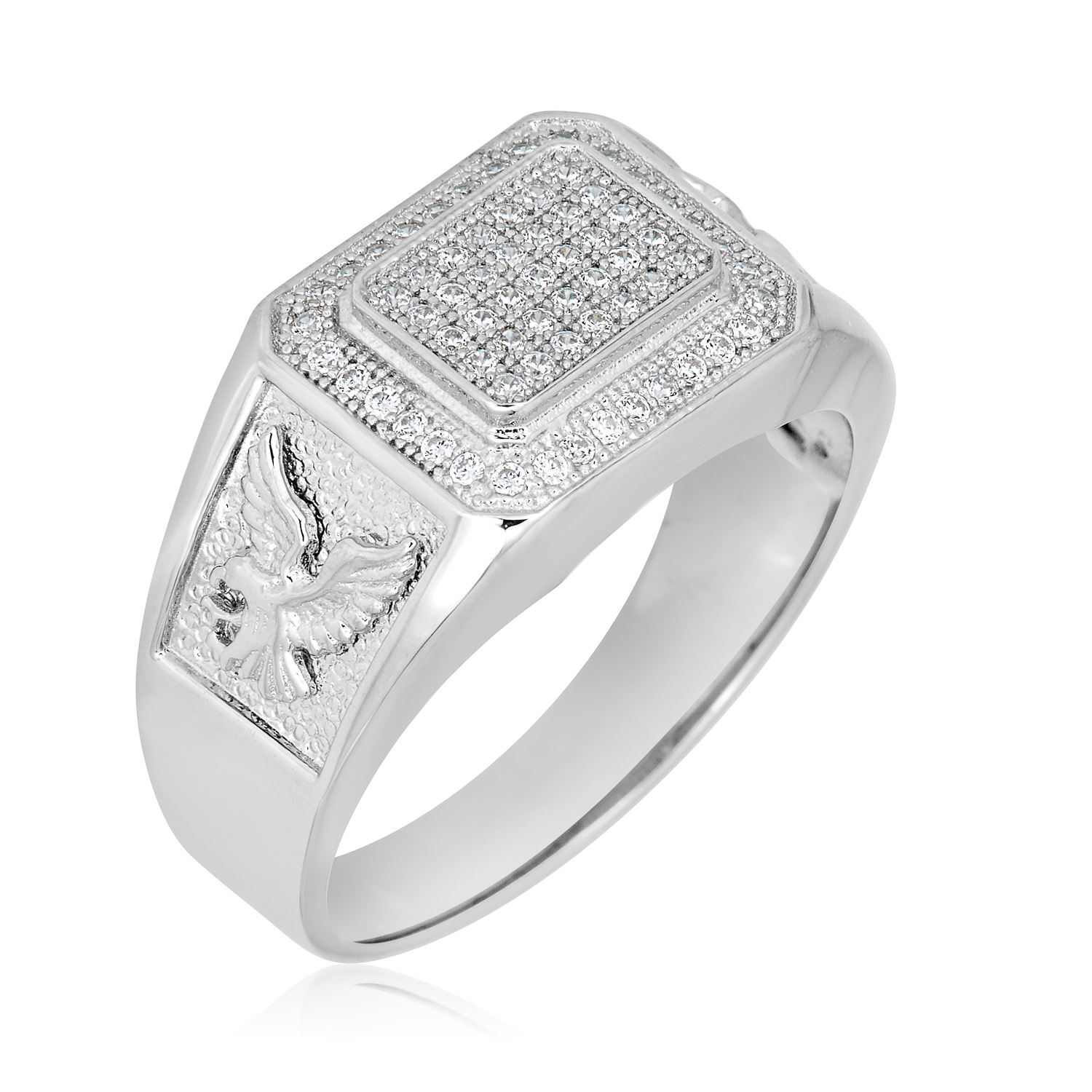 AVORA 925 Sterling Silver Simulated Diamond CZ American Eagle Men's Signet Fashion Ring