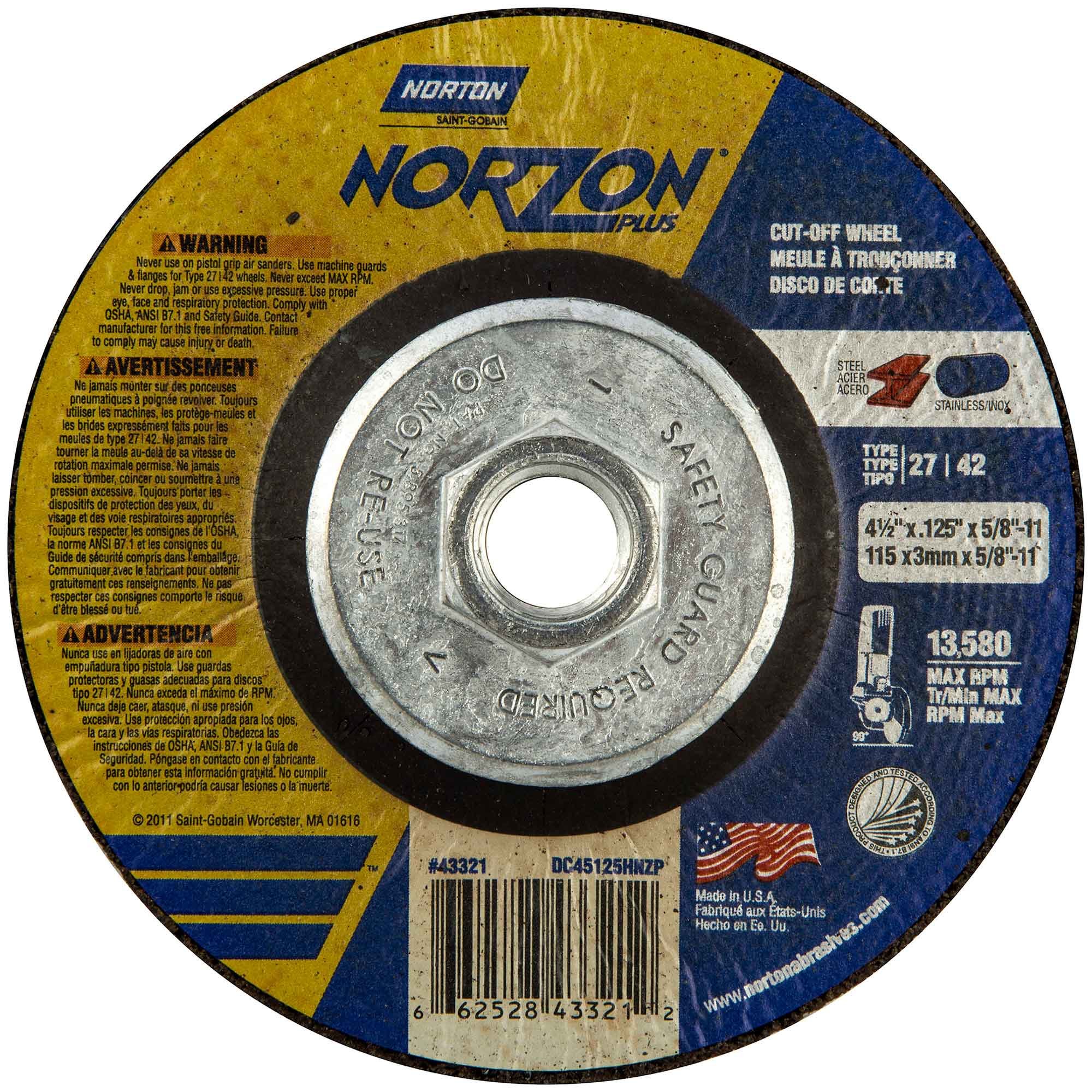 Norton Abrasives - St. Gobain Norton 66252843321 4-1/2x.125x5/8 - 11 in. NorZon Plus Depress Center