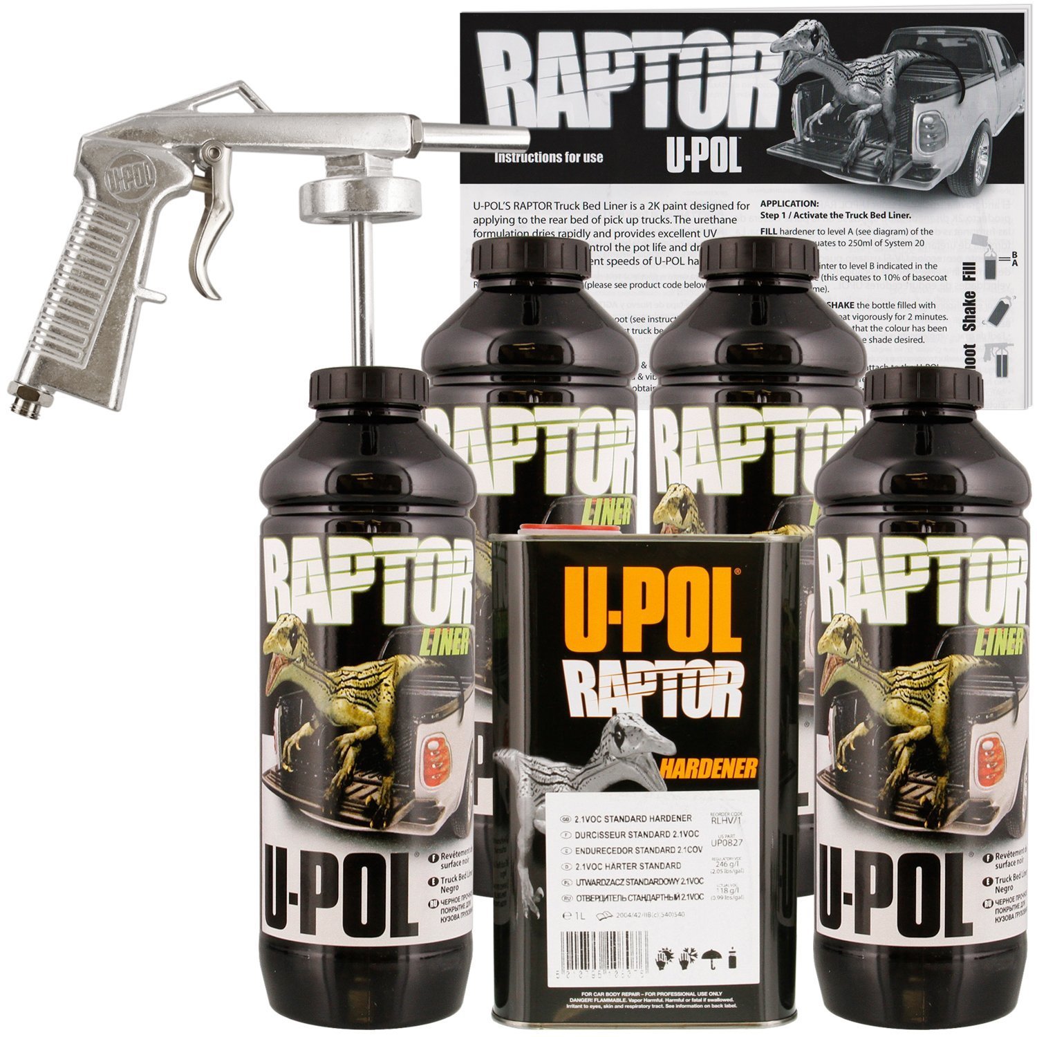U-POL Raptor Tintable Urethane Spray-On Truck Bed Liner Kit with Spray Gun, 4 Liters