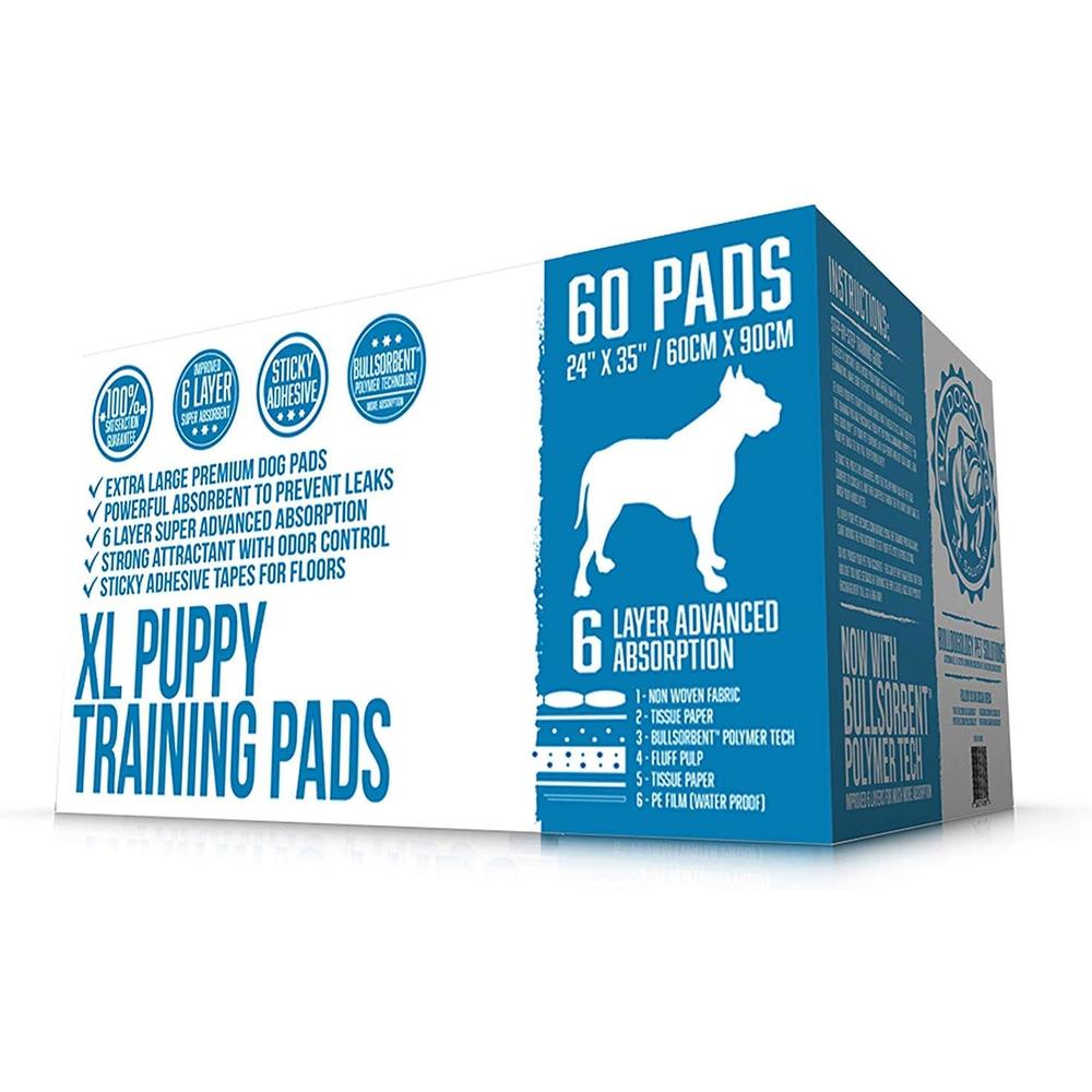Bulldogology Pet Solutions Bulldogology Premium Puppy Pee Pads with Adhesive Sticky Tape (24x35) X-Large Dog Training Pads (60-Count, White)