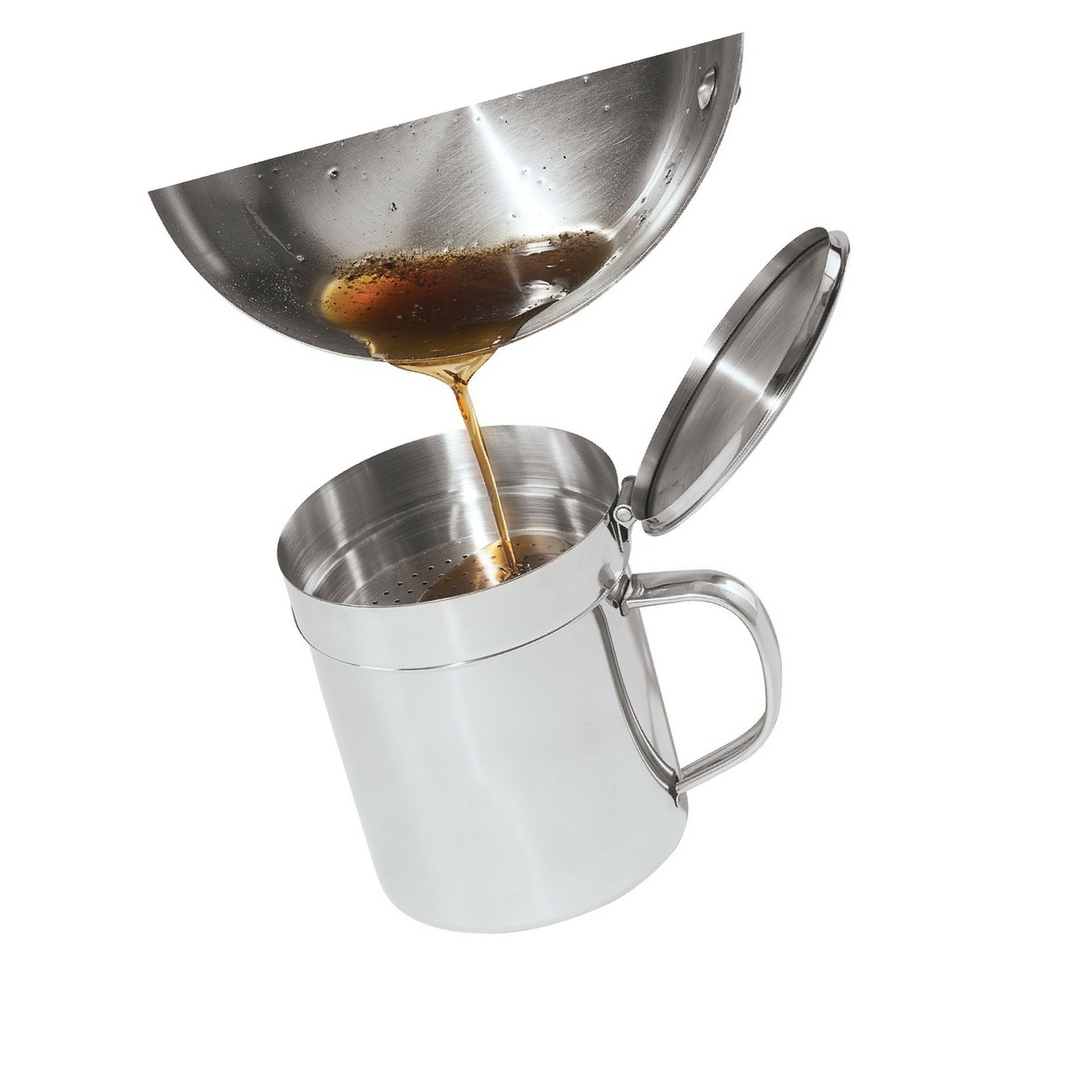 Oggi 7324 Stainless Steel Grease Can With Hinged Lid And Removable Strainer