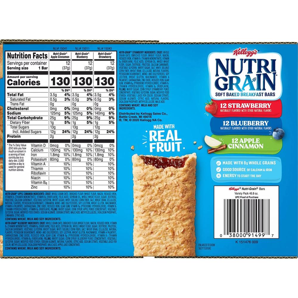 Kellogg's Nutri-Grain Bars Variety Pack, 1.3 Ounce Bar (36 Count)