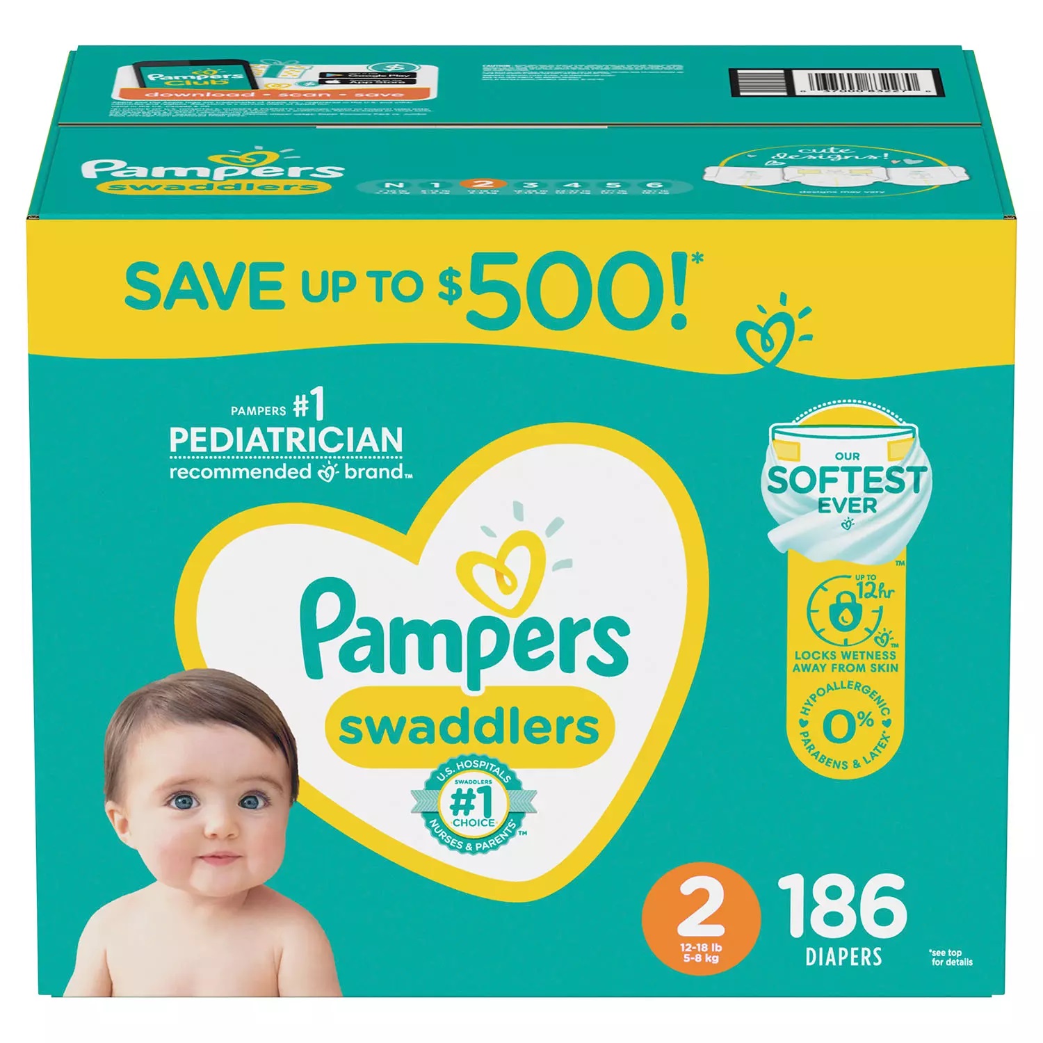 Pampers Swaddlers Diapers, Size 2 (12-18 Pounds), 180 Count