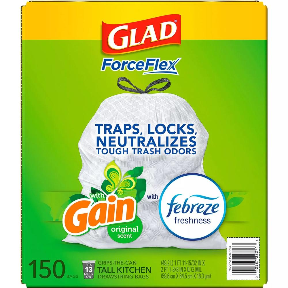 Glad ForceFlex Tall Kitchen White Trash Bags, Original Scent (13 Gal., 150 Ct.)
