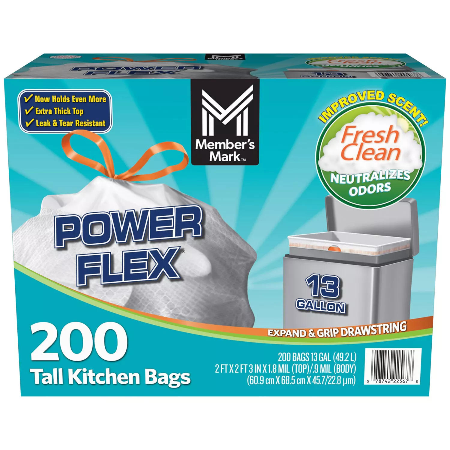 Member's Mark Tall Kitchen Drawstring Bags (13 Gallon, 200 Count) - Fresh Scent
