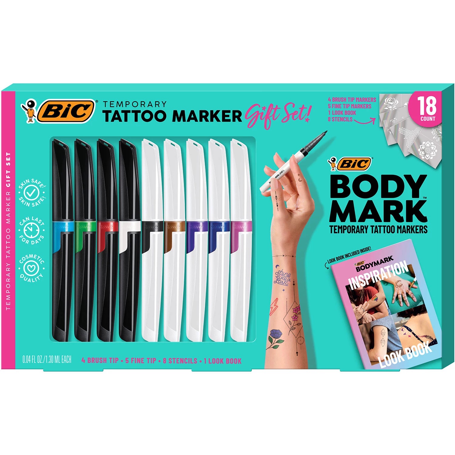 BIC BodyMark Temporary Tattoo Kit: 9 Markers, 5 Stencil Sheets, Inspiration Book