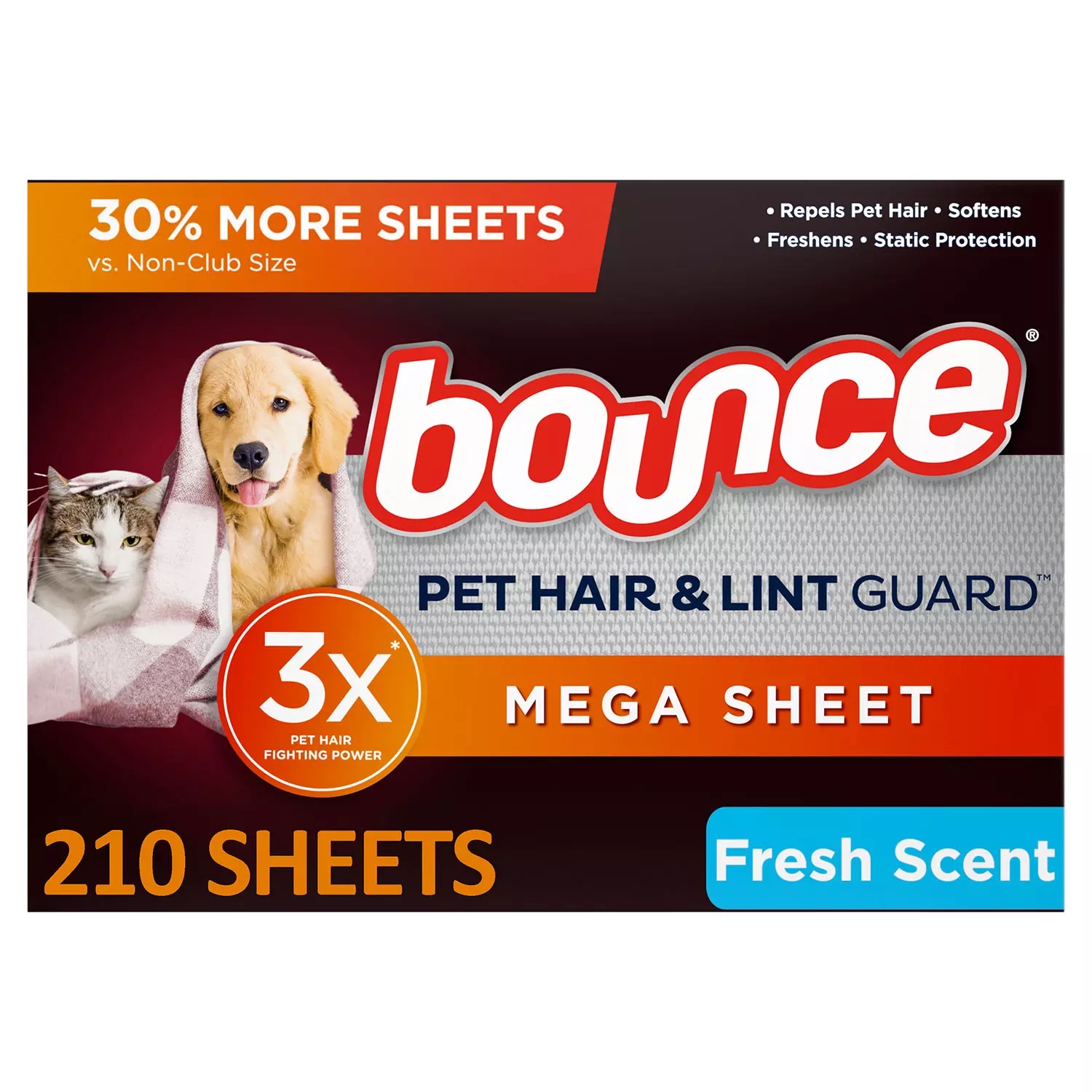 Bounce Pet Hair and Lint Guard Mega Dryer Sheets, Fresh Scent (210 Sheets)