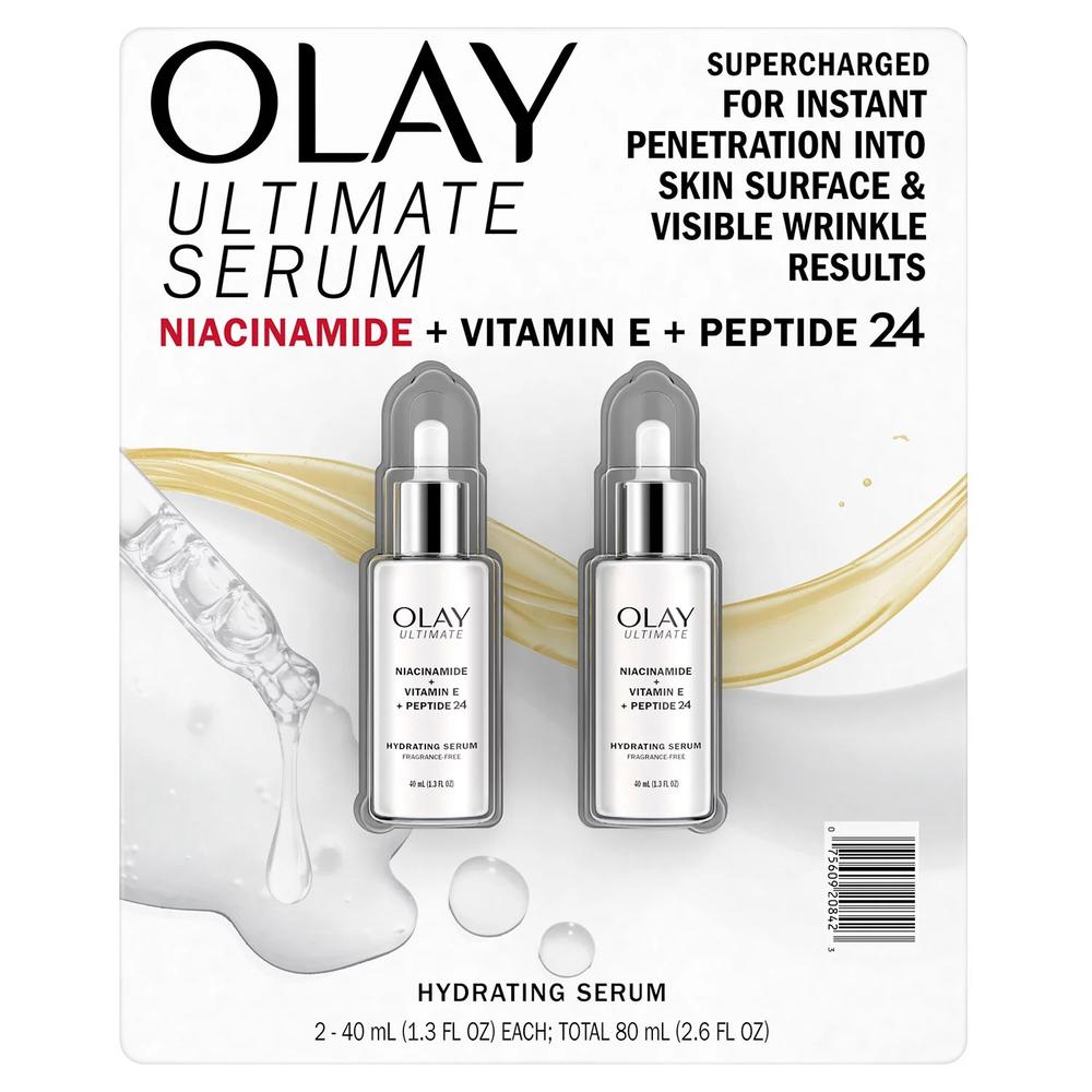 Olay Ultimate Niacinamide + Vitamin E + Peptide 24 Hydrating Serum, 1.3oz (2 Ct)