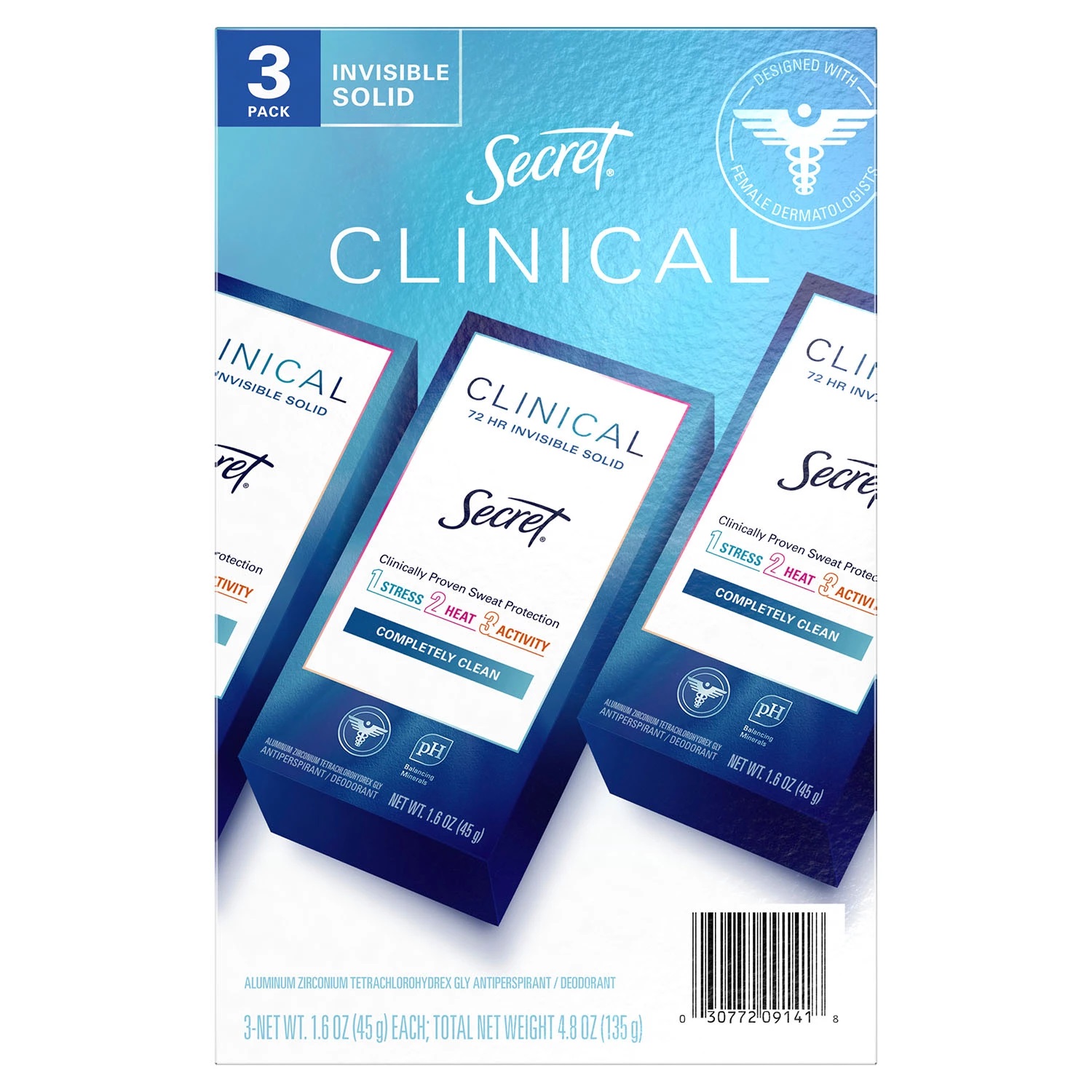 Secret Clinical Invisible Solid Deodorant, Completely Clean, 1.6 Ounce (3 Count)