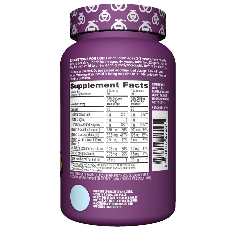 Zarbee's Children's Elderberry Immune Support w/ Vitamin C & Zinc, Berry (80 Ct)