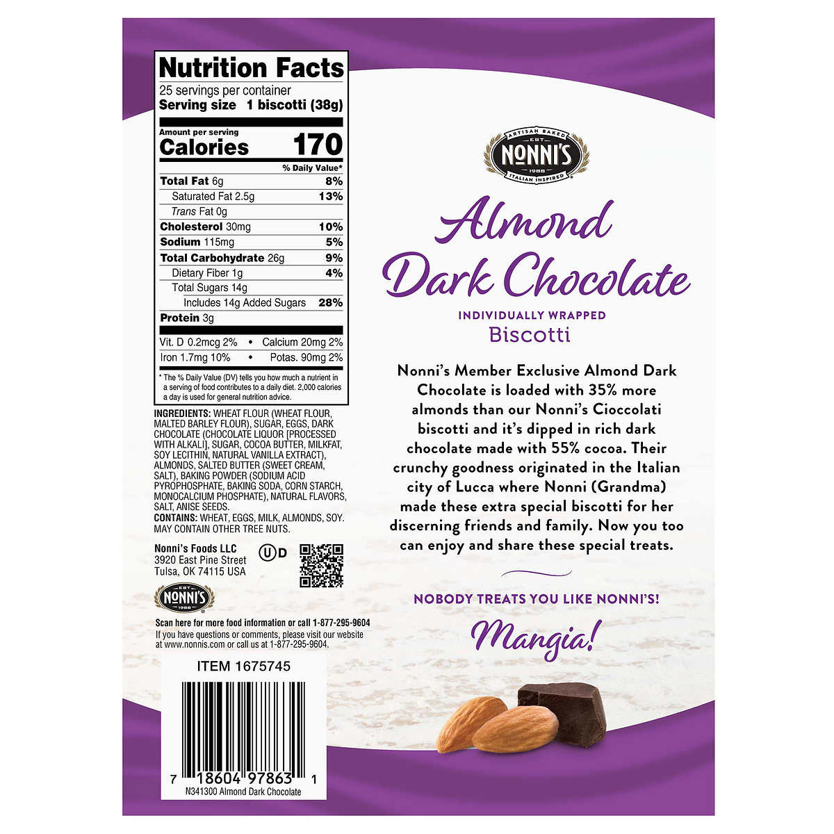 Nonni's Nonni’s Biscotti, Almond Dark Chocolate, 1.33 Ounce (25 Count)