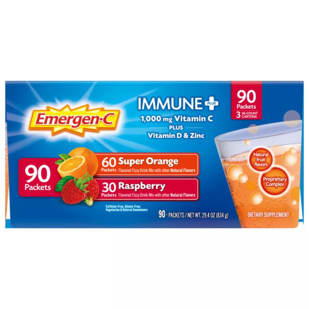 Emergen-C Dietary Supplement Drink Mix with Immune+, Orange & Raspberry (90 Ct)