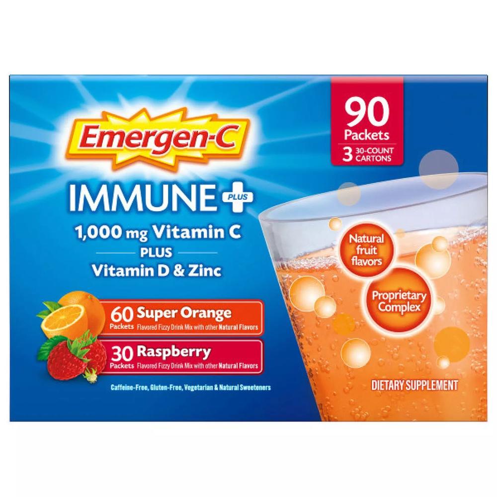 Emergen-C Dietary Supplement Drink Mix with Immune+, Orange & Raspberry (90 Ct)