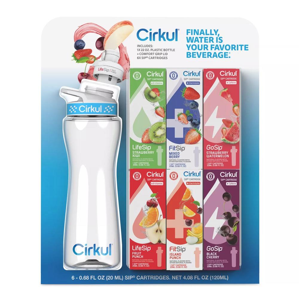 Cirkul 22oz Plastic Water Bottle Starter Kit With Blue Lid + 6 Flavor Cartridges