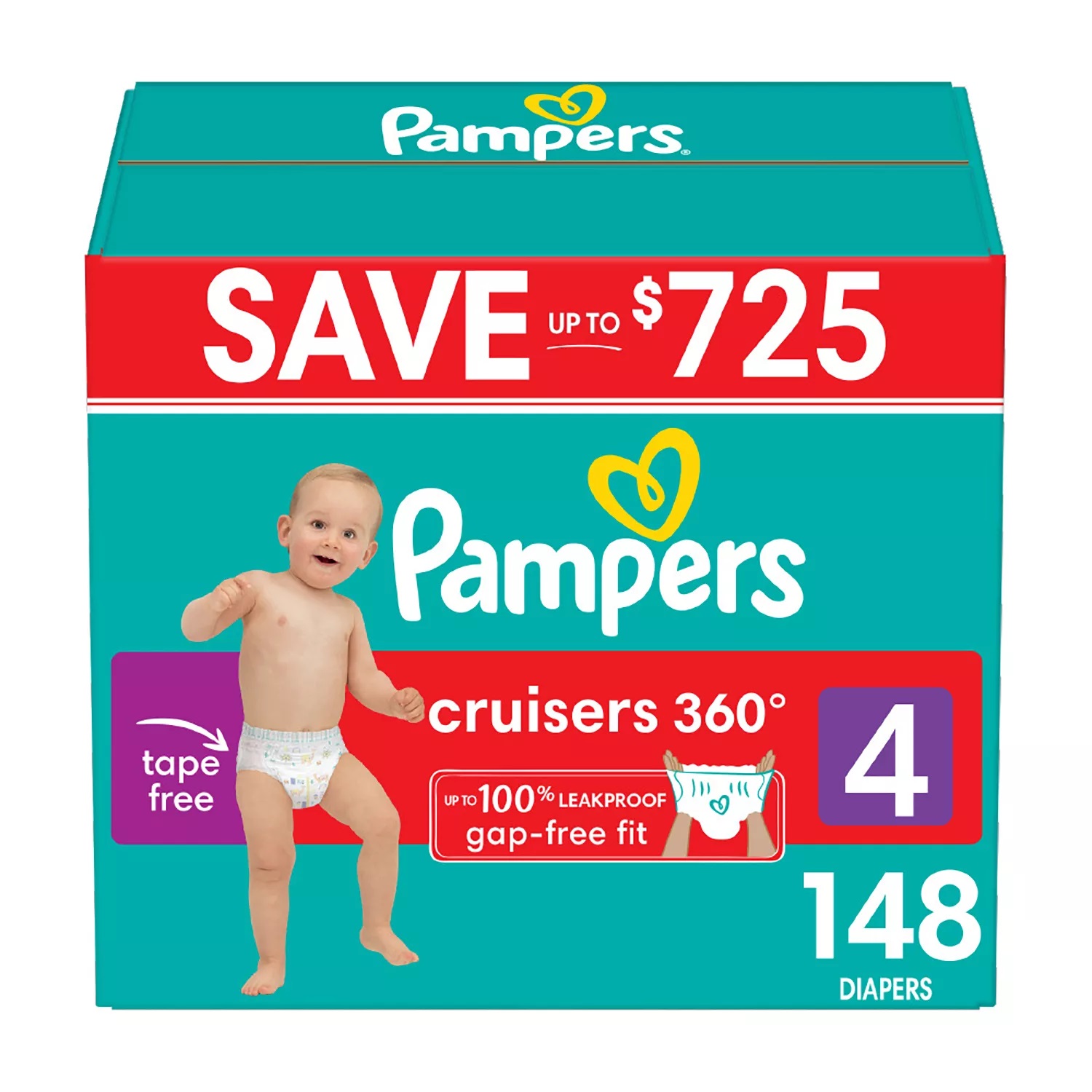 Pampers Cruisers 360 Diapers Gap-Free Fit, Size 4 (22 - 37 Pounds), 148 Count