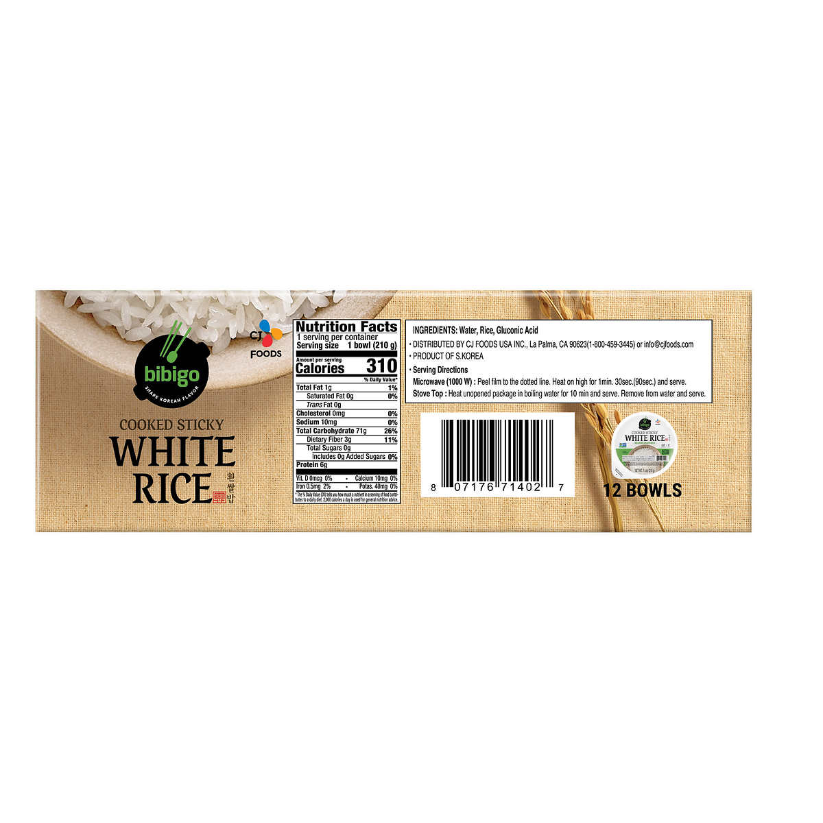 Bibigo Cooked Sticky White Rice Bowls, 7.4 Ounce (12 Count)