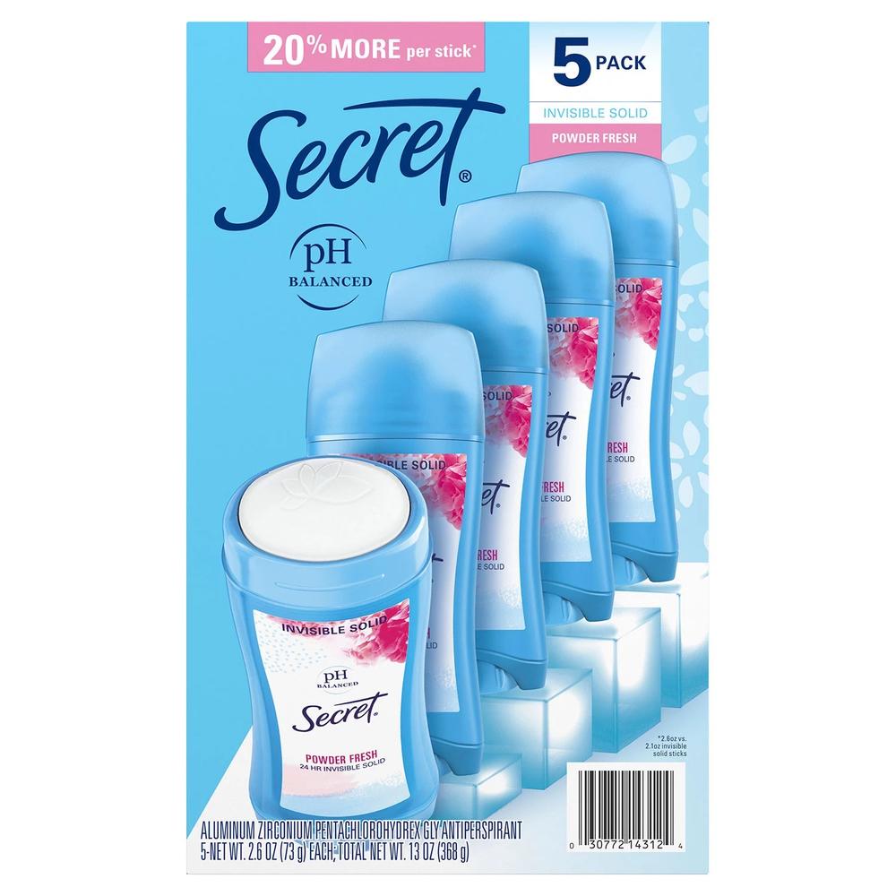Secret Invisible Solid Antiperspirant and Deodorant, Powder Fresh, 2.6 Oz (5 Ct)