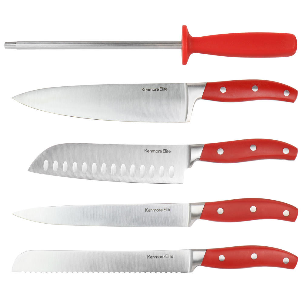 Kenmore Elite 18 Piece Stainless Steel Cutlery and Wood Block Set in Red