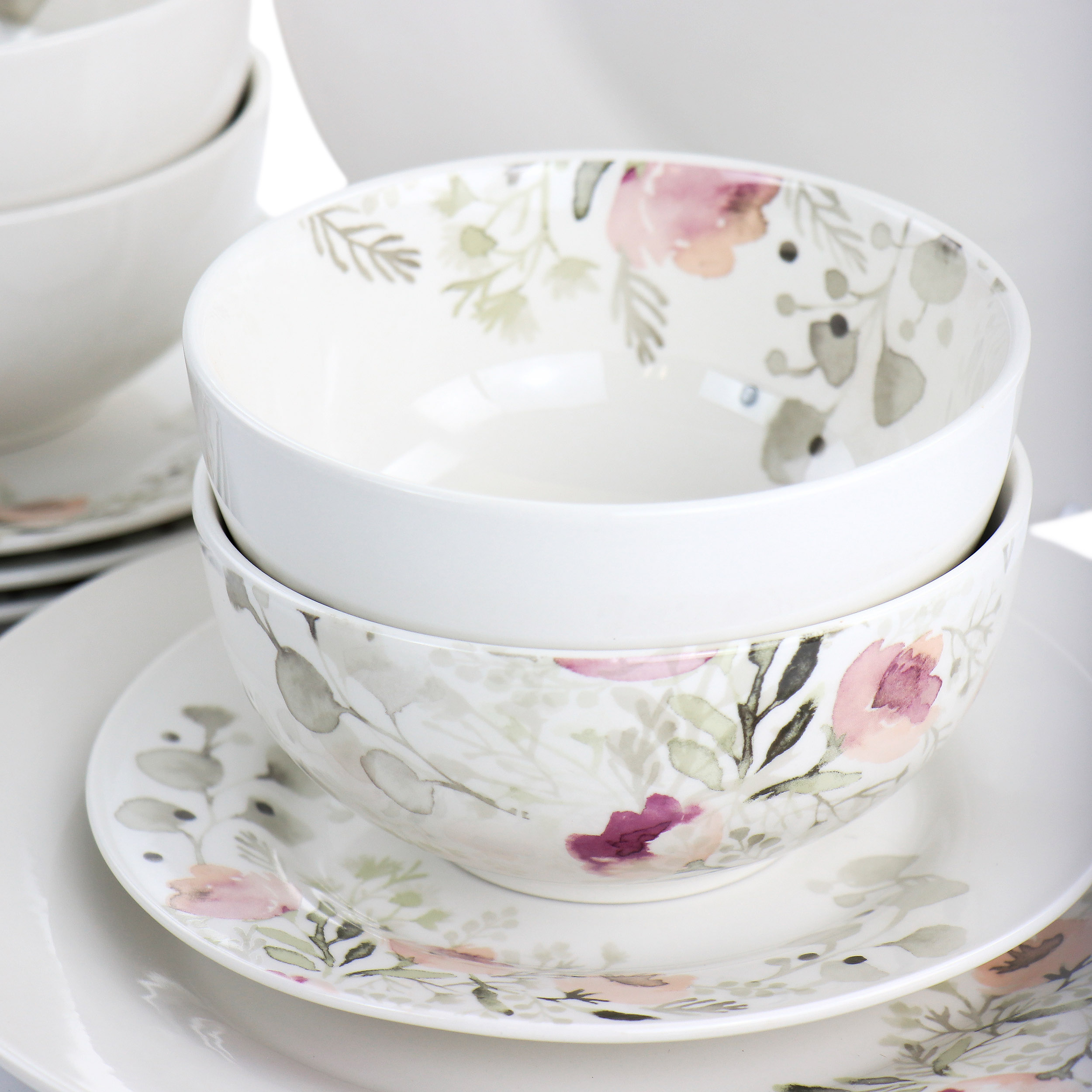Gibson Home Lily Garden Ceramic 12 Piece Dinnerware Set in White and Pink