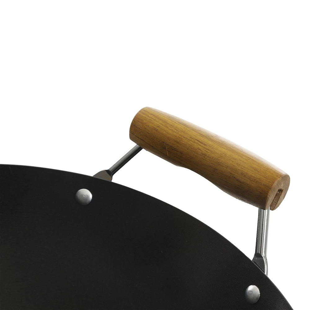 Kenmore Hammond 14 Inch Flat Bottom Carbon Steel Wok in Black with Wooden Handles