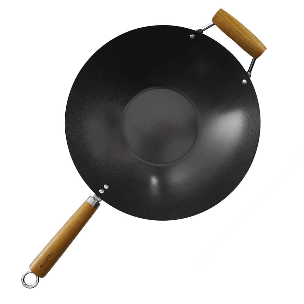 Kenmore Hammond 14 Inch Flat Bottom Carbon Steel Wok in Black with Wooden Handles