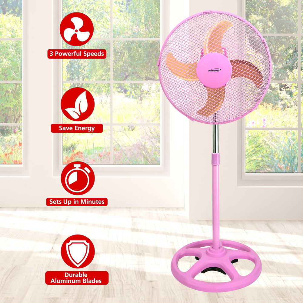Brentwood 3 Speed 12in Oscillating Stand Fan in Pink