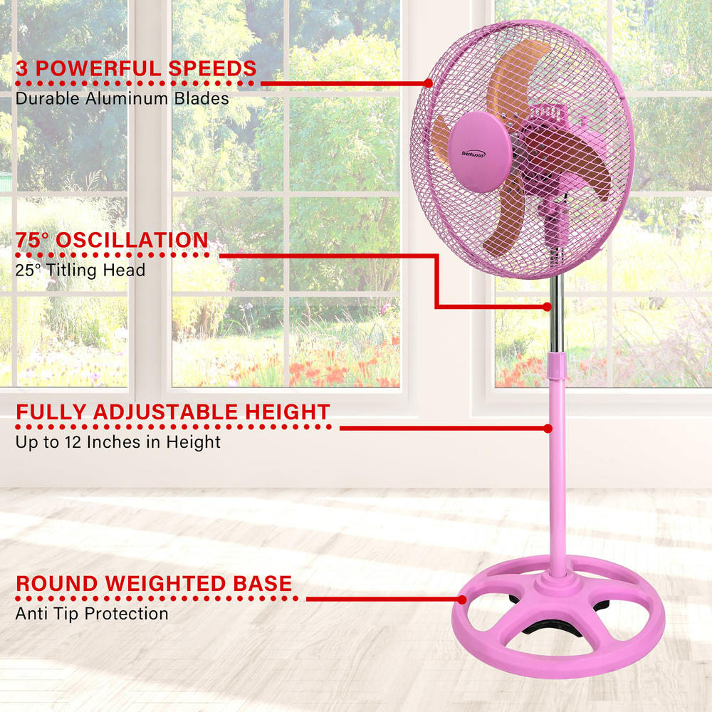 Brentwood 3 Speed 12in Oscillating Stand Fan in Pink