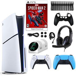 Sony New PS5 Spider Man 2 Slim Console with Extra Blue Dualsense Controller and Accessories Kit