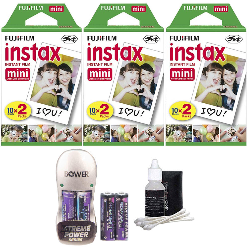 Fujifilm Instax Instant Mini Film 60 Shots + 4 Rechargeable Batteries and Charger + 3pc Cleaning Kit
