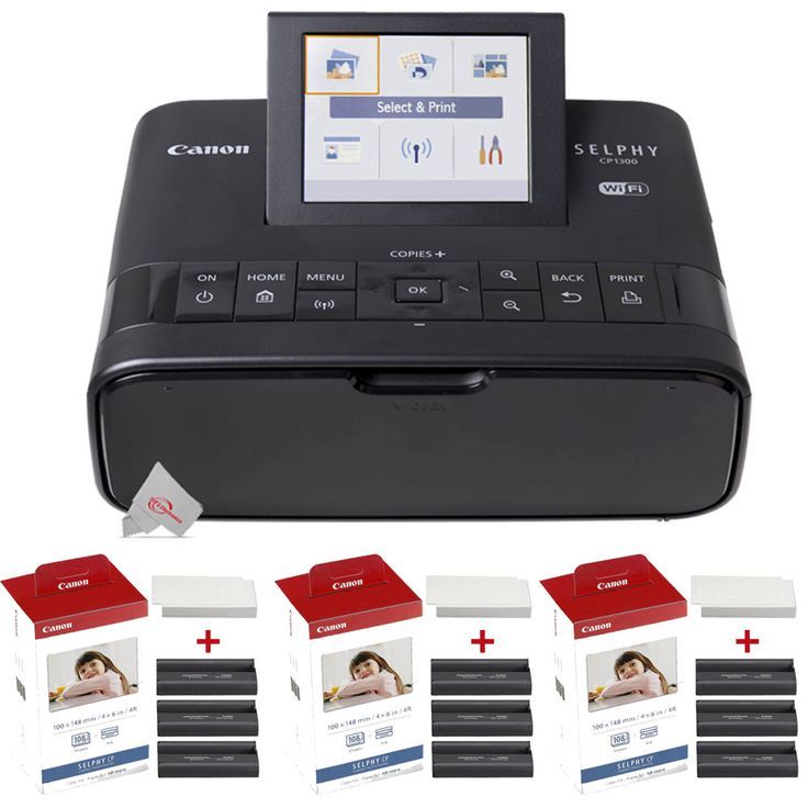 Canon Selphy CP1300 Compact Photo Printer Black with Three Canon KP-108IN Selphy Set