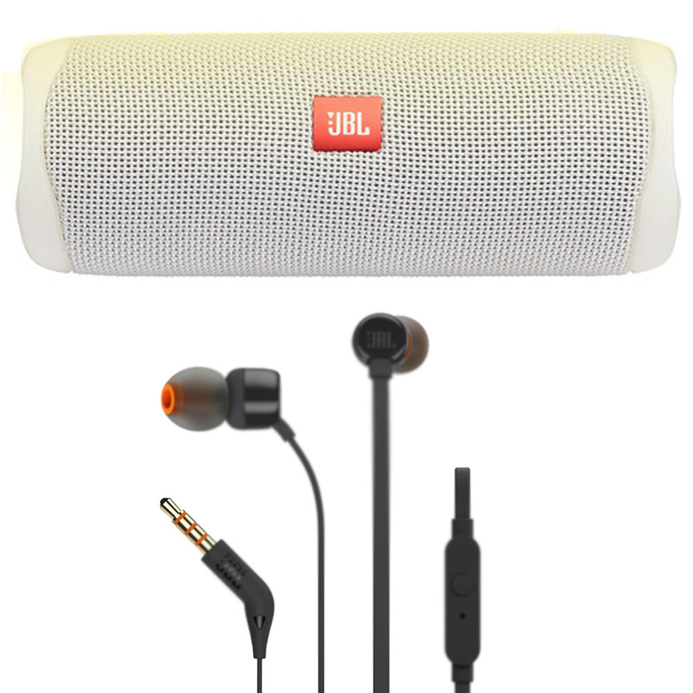 Teds JBL FLIP 5 Waterproof Bluetooth Speaker White Steel with JBL T110 in Ear Headphones