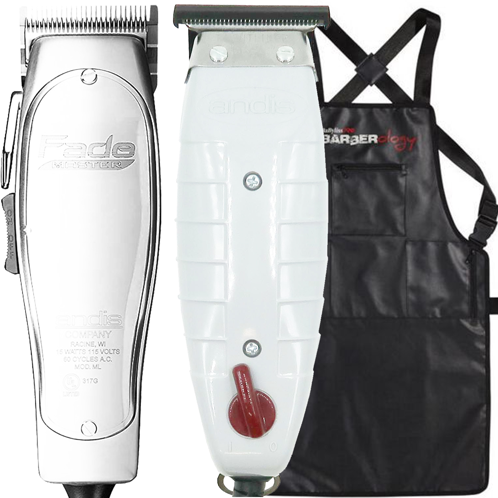 Andis 01690 Professional Fade Master Hair Clipper Silver + Andis 04710 T-Outliner Beard/Hair Trimmer & Apron