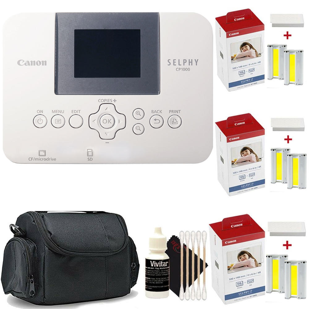 Canon Selphy CP1000 Compact Photo Printer White + 3pc Canon KP-108IN 4x6 Paper Set Accessory Kit