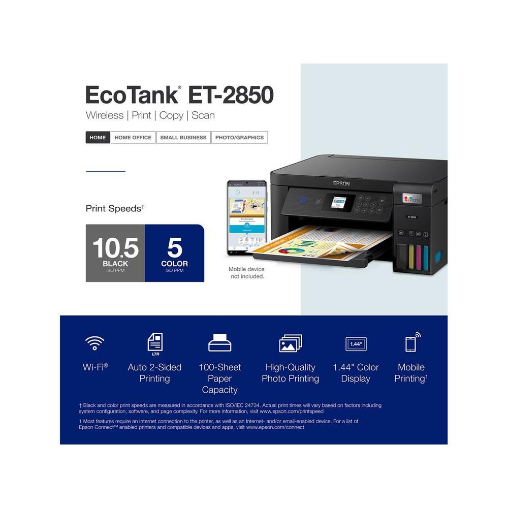 Epson EcoTank ET-2850 Wireless Color All-in-One Cartridge-Free Supertank Printer (Black)