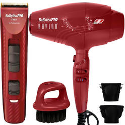 BaBylissPRO BaByliss Pro Rapido Nano Titanium Hair Dryer Red #BRRAP1 with Babyliss Pro X2 Volare FXF811 Clipper and Neck Brush